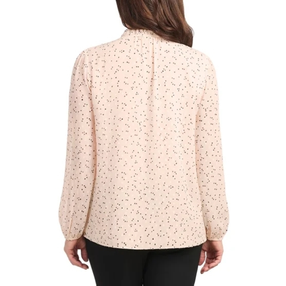 Women's Light Peach Cream Long Sleeve Blouse with Black Dots, Size L - Picture 2 of 7